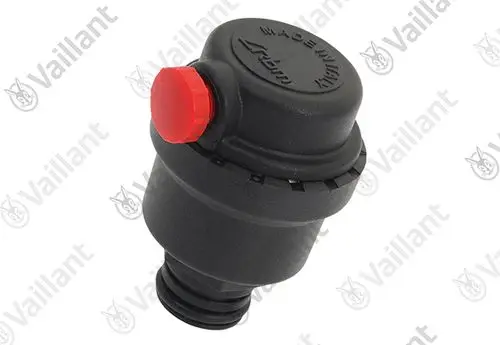 Vaillant Schnellentlüfter in schwarzer Ausführung mit einem roten Ventil. Das Produkt hat einen Anschluss für eine Rohrleitung.